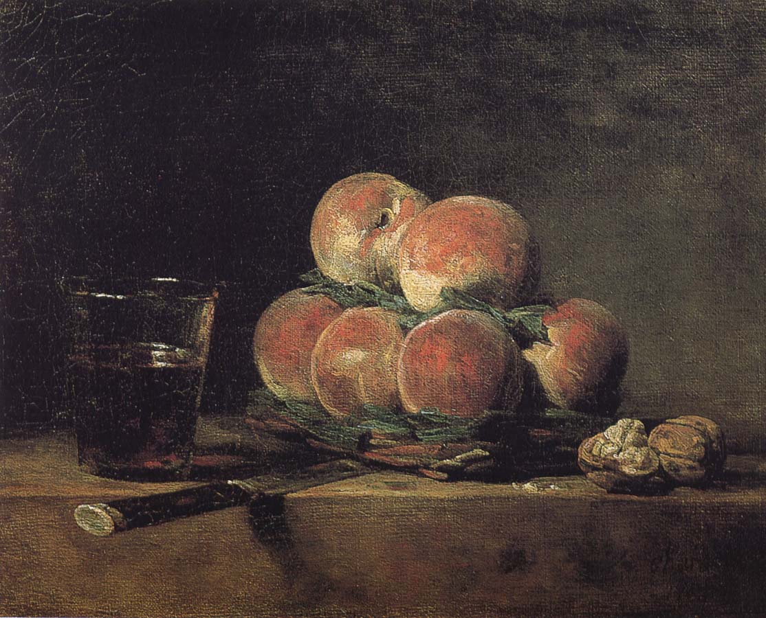 Jean Baptiste Simeon Chardin Baskets of peaches with wine walnut knife